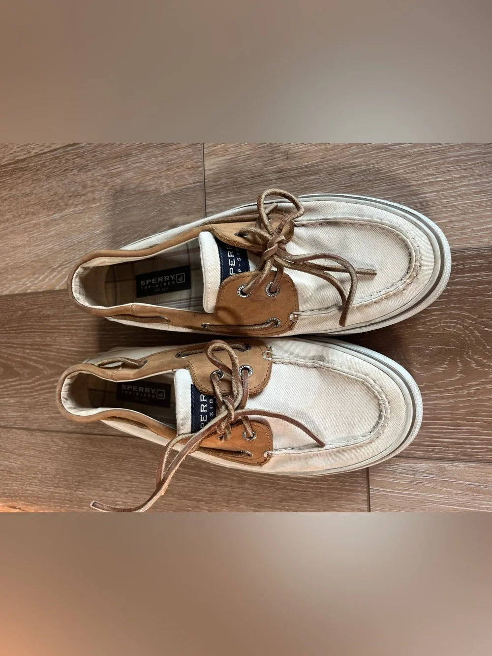 Sperry Top-Sider Men’s Boat Shoe cream canvas & brown leather Size 8.5